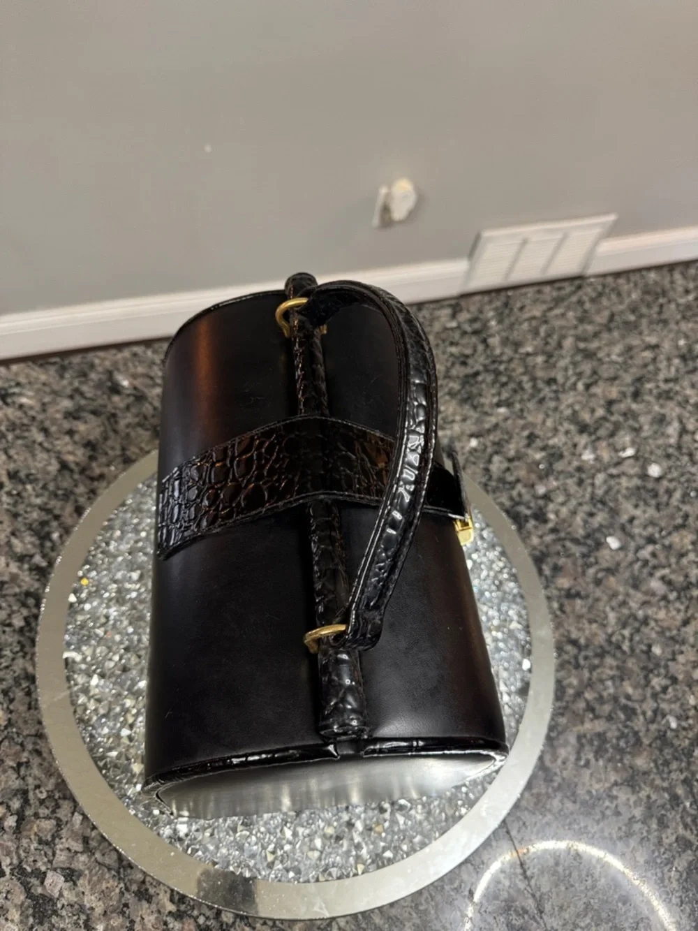 Black Structured Top-Handle Cosmetic Case with Gold Lock